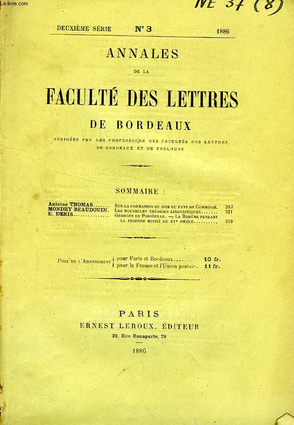ANNALES DE LA FACULTE DES LETTRES DE BORDEAUX, 2e SERIE, N 3, 1886