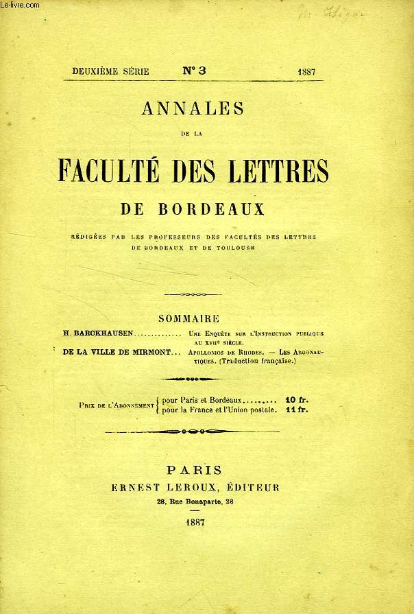 ANNALES DE LA FACULTE DES LETTRES DE BORDEAUX, 2e SERIE, N 3, 1887