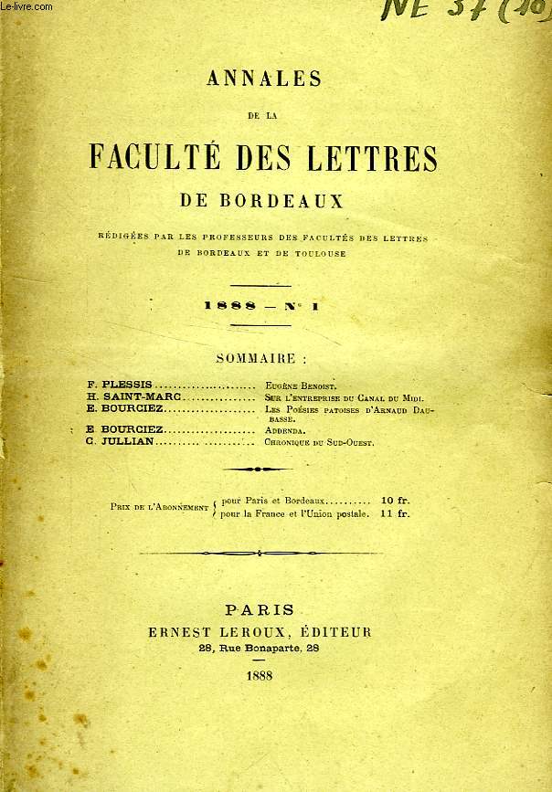 ANNALES DE LA FACULTE DES LETTRES DE BORDEAUX, N 1, 1888
