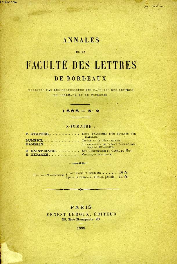 ANNALES DE LA FACULTE DES LETTRES DE BORDEAUX, N 2, 1888