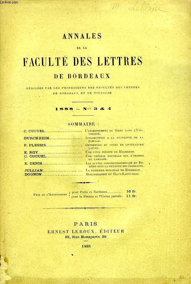 ANNALES DE LA FACULTE DES LETTRES DE BORDEAUX, N 3-4, 1888