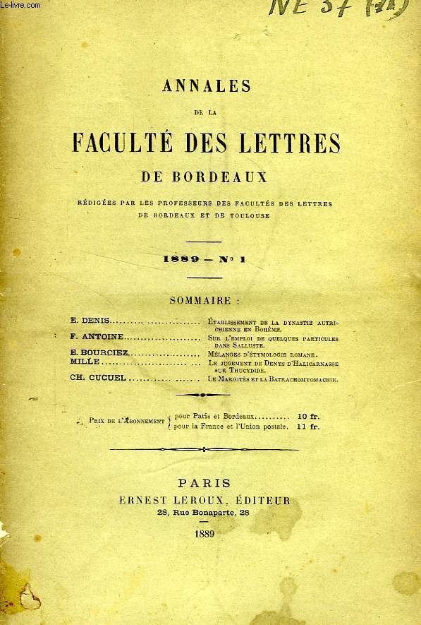 ANNALES DE LA FACULTE DES LETTRES DE BORDEAUX, N° 1, 1889