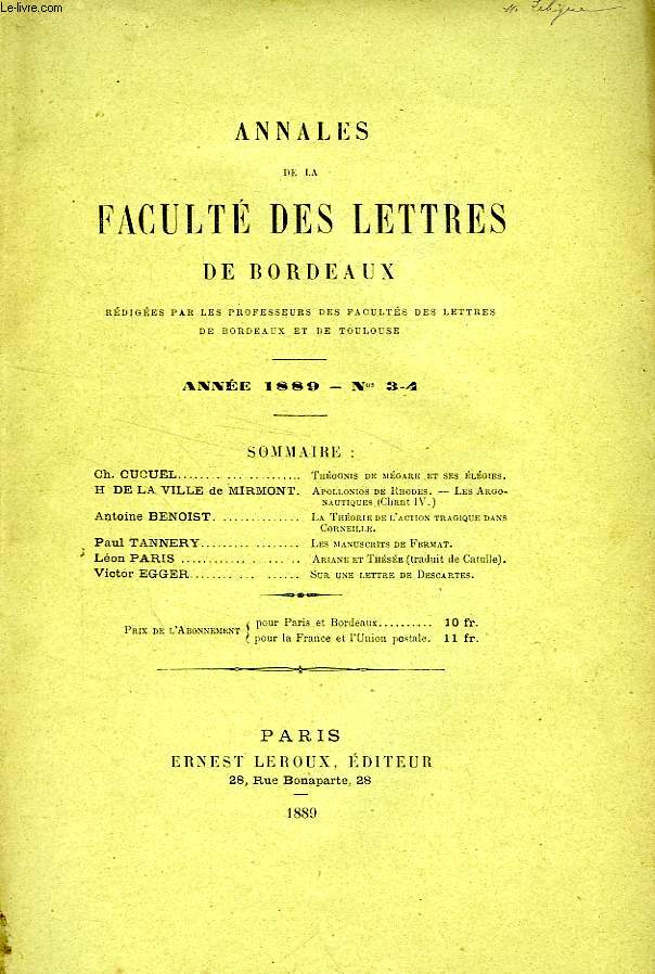 ANNALES DE LA FACULTE DES LETTRES DE BORDEAUX, N 3-4, 1889