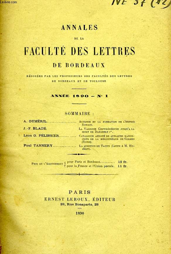 ANNALES DE LA FACULTE DES LETTRES DE BORDEAUX, N 1, 1890