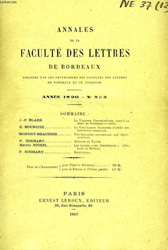 ANNALES DE LA FACULTE DES LETTRES DE BORDEAUX, N 2-3, 1890