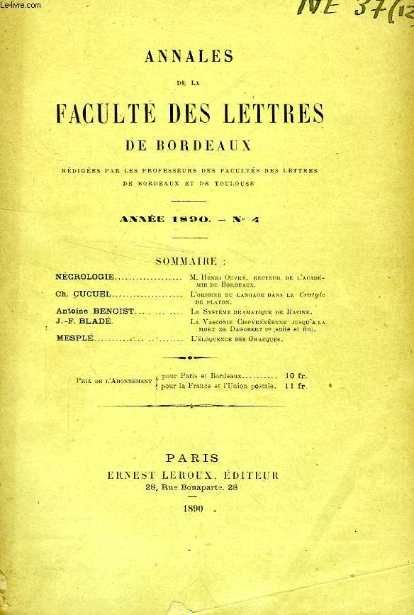 ANNALES DE LA FACULTE DES LETTRES DE BORDEAUX, N 4, 1890