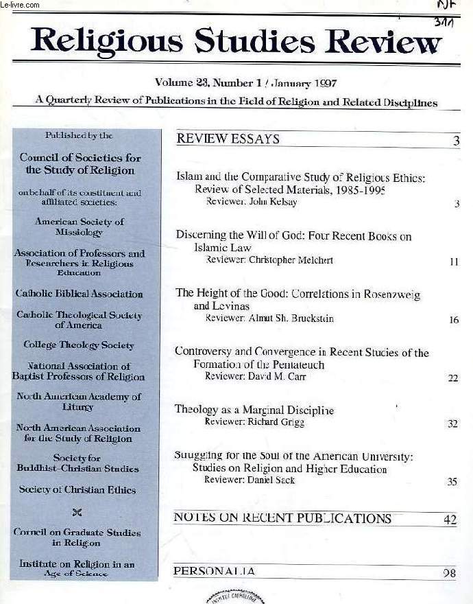 RELIGIOUS STUDIES REVIEW, VOL. 23, N 1, JAN. 1997