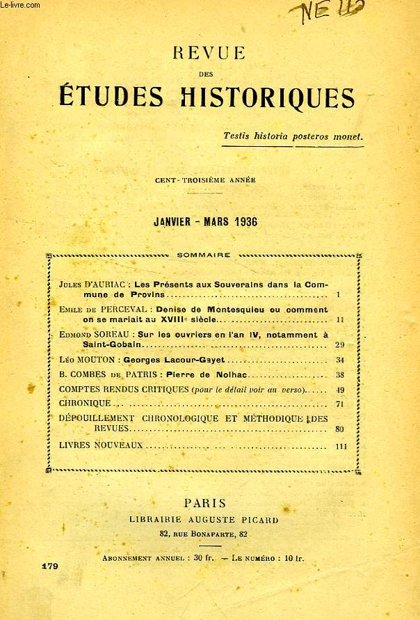 REVUE DES ETUDES HISTORIQUES, 103e ANNEE, N 179, JAN.-MARS 1936