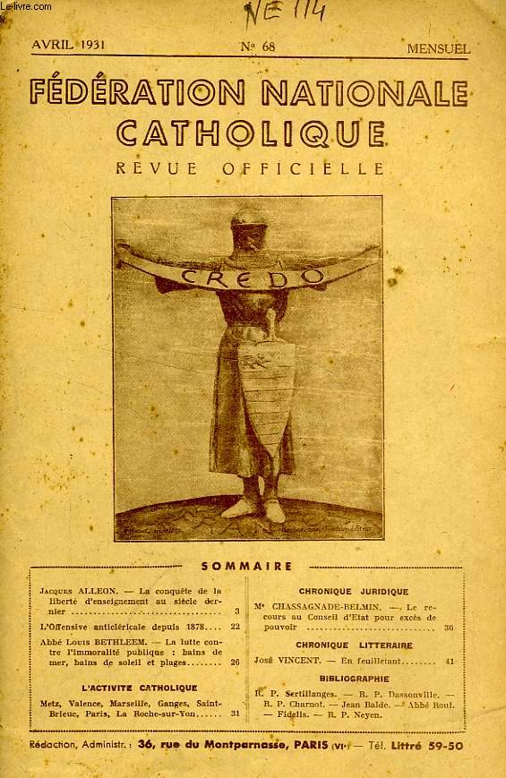 FEDERATION NATIONALE CATHOLIQUE, BULLETIN OFFICIEL, CREDO, N 68, AVRIL 1931