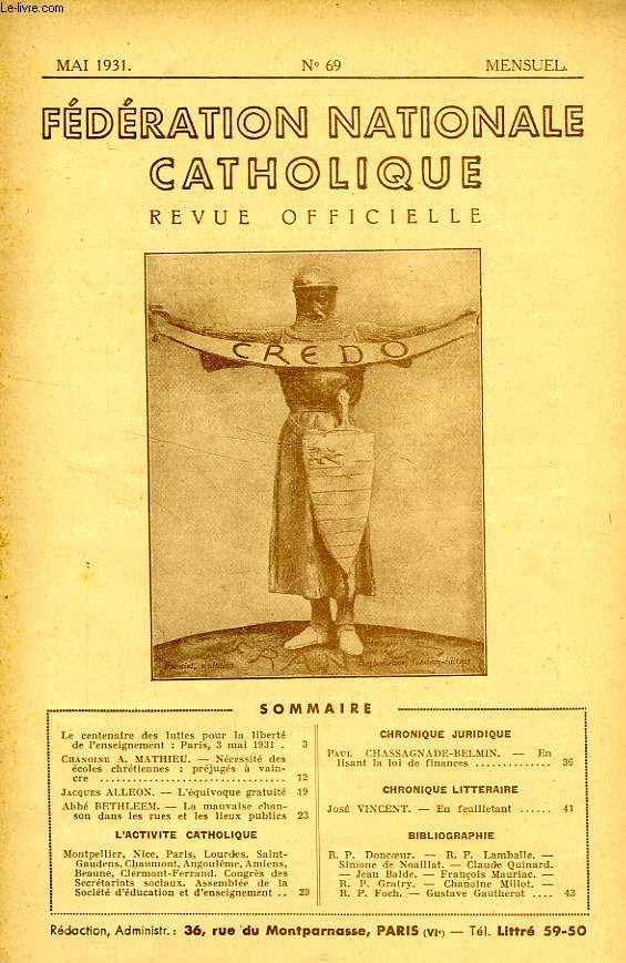 FEDERATION NATIONALE CATHOLIQUE, BULLETIN OFFICIEL, CREDO, N 69, MAI 1931