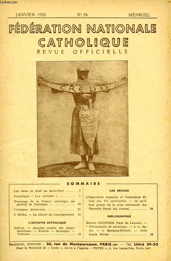 FEDERATION NATIONALE CATHOLIQUE, BULLETIN OFFICIEL, CREDO, N 76, JAN. 1932