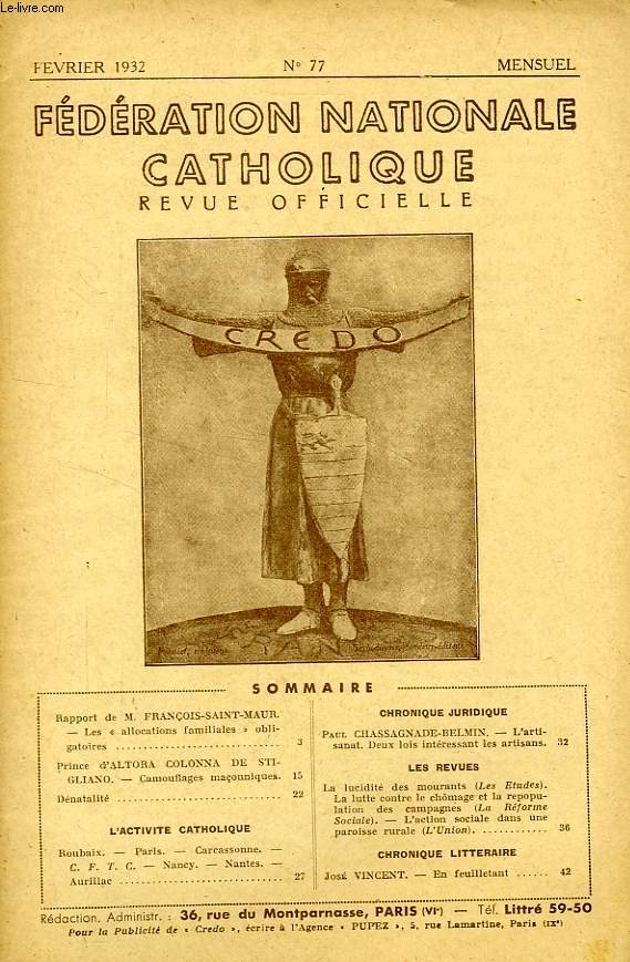 FEDERATION NATIONALE CATHOLIQUE, BULLETIN OFFICIEL, CREDO, N 77, FEV. 1932