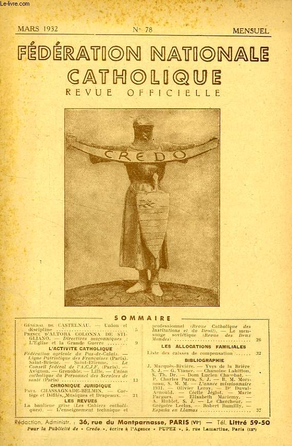FEDERATION NATIONALE CATHOLIQUE, BULLETIN OFFICIEL, CREDO, N 78, MARS 1932