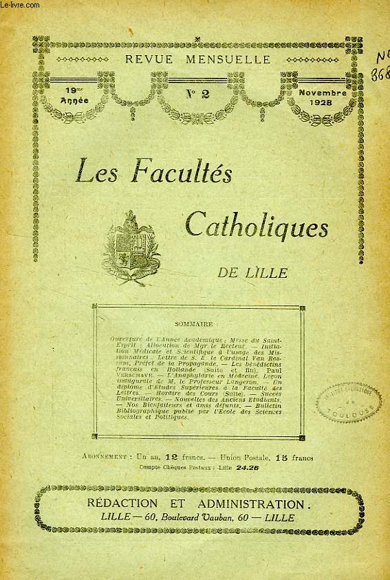 LES FACULTES CATHOLIQUES DE LILLE, 19e ANNEE, N 2, NOV. 1928