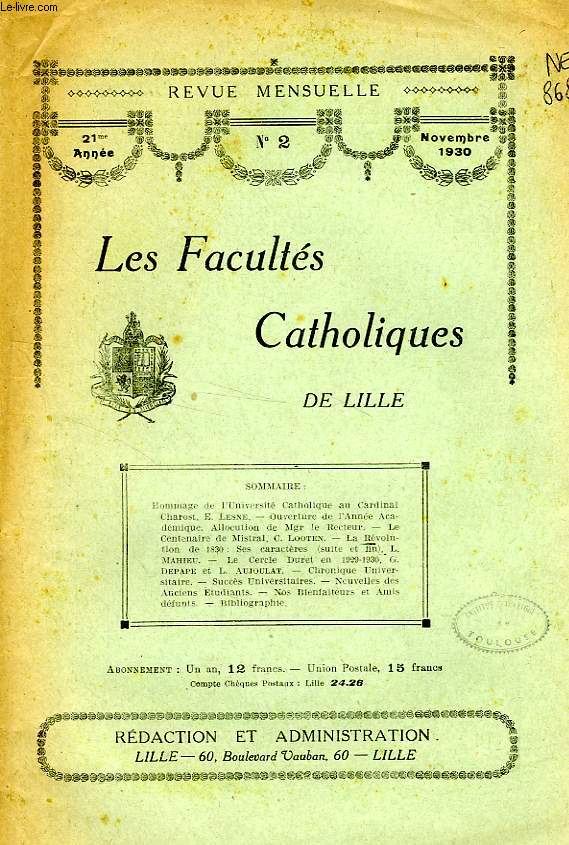 LES FACULTES CATHOLIQUES DE LILLE, 21e ANNEE, N 2, NOV. 1930