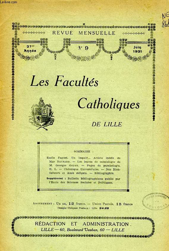 LES FACULTES CATHOLIQUES DE LILLE, 21e ANNEE, N 9, JUIN 1931