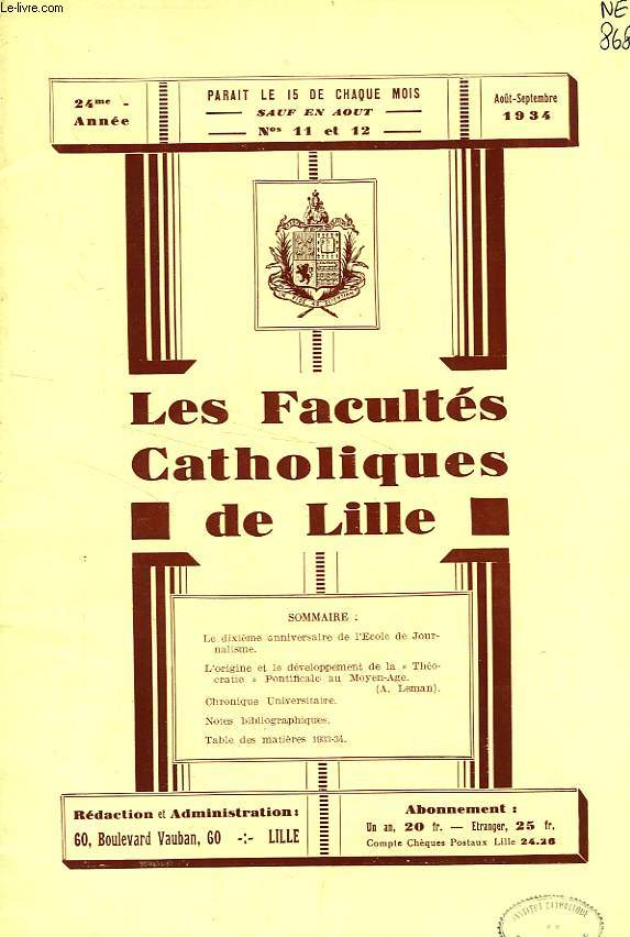 LES FACULTES CATHOLIQUES DE LILLE, 24e ANNEE, N 11-12, AOUT-SEPT. 1934