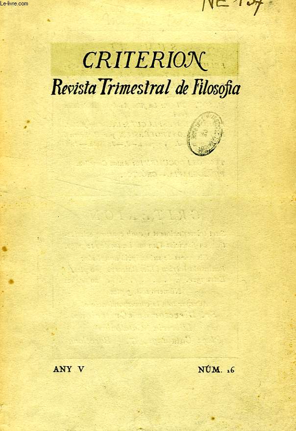 CRITERION, REVISTA TRIMESTRAL DE FILOSOFIA, ANY V, FASC. 16, GENER-MAR 1929