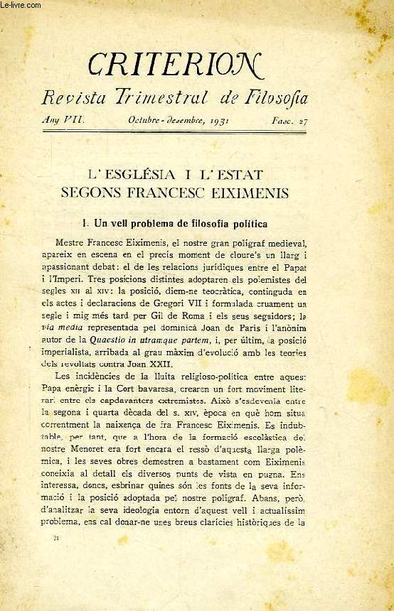 CRITERION, REVISTA TRIMESTRAL DE FILOSOFIA, ANY VII, FASC. 27, OCTUBRE-DESEMBRE 1931