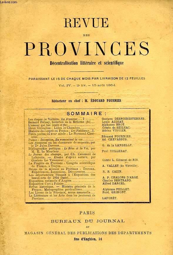 REVUE DES PROVINCES, VOL. IV, 2e LIV., AOUT 1864, DECENTRALISATION LITTERAIRE ET SCIENTIFIQUE