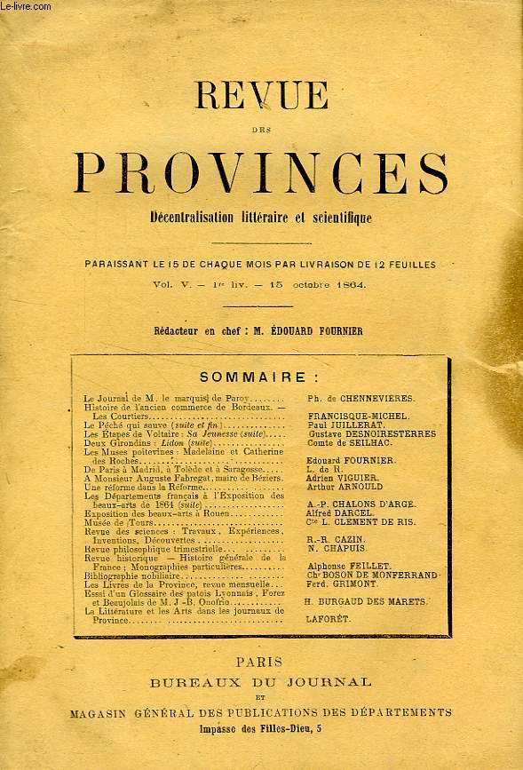 REVUE DES PROVINCES, VOL. V, 1re LIV., OCT. 1864, DECENTRALISATION LITTERAIRE ET SCIENTIFIQUE