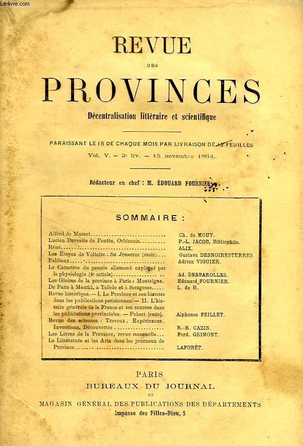 REVUE DES PROVINCES, VOL. V, 2e LIV., NOV. 1864, DECENTRALISATION LITTERAIRE ET SCIENTIFIQUE