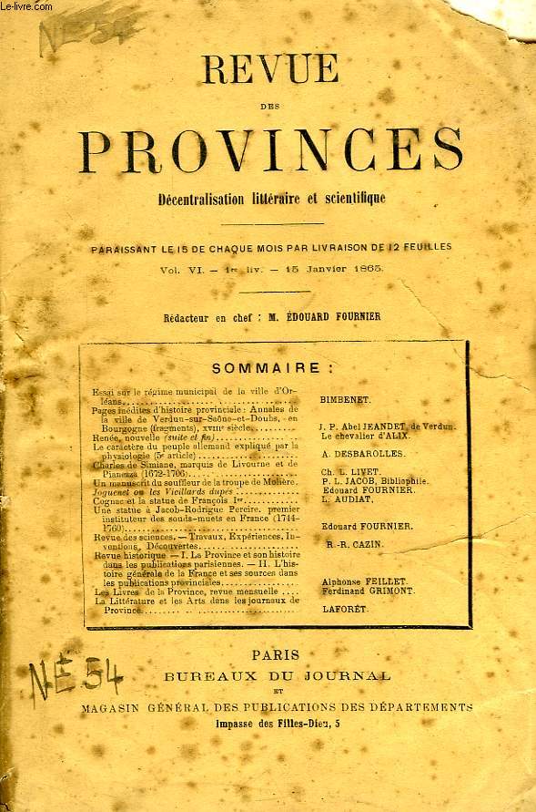 REVUE DES PROVINCES, VOL. VI, 1re LIV., JAN. 1865, DECENTRALISATION LITTERAIRE ET SCIENTIFIQUE