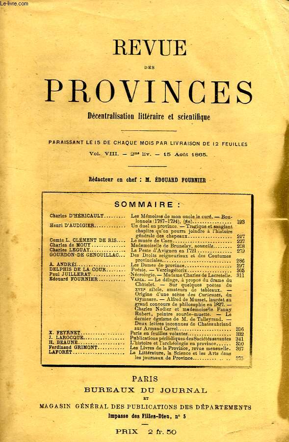 REVUE DES PROVINCES, VOL. VIII, 2e LIV., AOUT 1865, DECENTRALISATION LITTERAIRE ET SCIENTIFIQUE