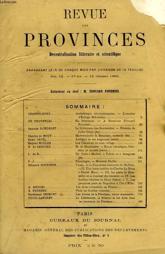 REVUE DES PROVINCES, VOL. IX, 1re LIV., OCT. 1865, DECENTRALISATION LITTERAIRE ET SCIENTIFIQUE