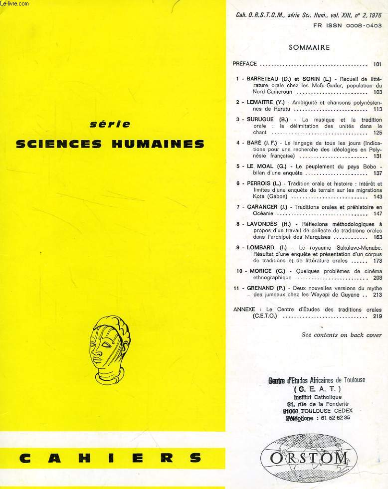 CAHIERS ORSTOM, SCIENCES HUMAINES, VOL. XIII, N 2, 1976
