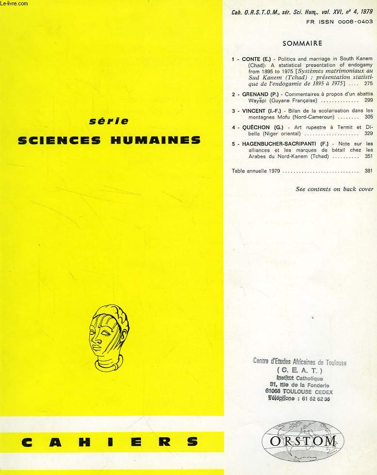 CAHIERS ORSTOM, SCIENCES HUMAINES, VOL. XVI, N 4, 1979