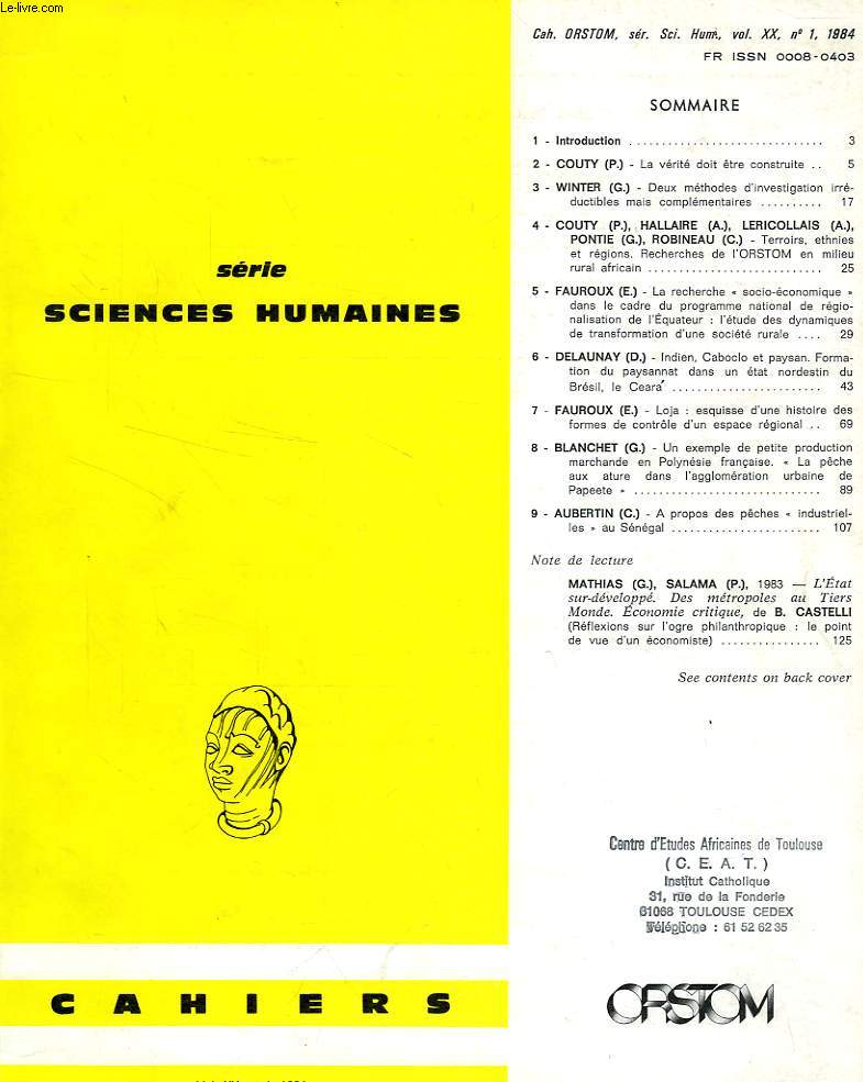 CAHIERS ORSTOM, SCIENCES HUMAINES, VOL. XX, N 1, 1984