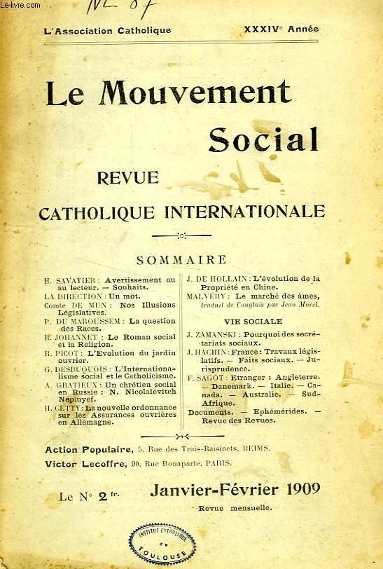 LE MOUVEMENT SOCIAL, 1909-1914, 9 VOLUMES + 8 FASCICULES + SUPPLEMENTS BIBLIOGRAPHIQUES (INCOMPLET)