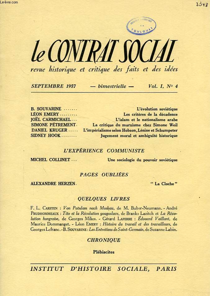 LE CONTRAT SOCIAL, VOL. I, N 4, SEPT. 1957, REVUE HISTORIQUE ET CRITIQUE DES FAITS ET DES IDEES