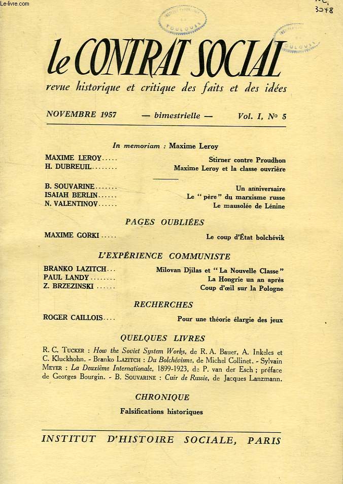 LE CONTRAT SOCIAL, VOL. I, N 5, NOV. 1957, REVUE HISTORIQUE ET CRITIQUE DES FAITS ET DES IDEES