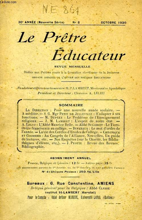 LE PRETRE EDUCATEUR, 30e ANNEE (NOUVELLE SERIE), N 8, OCT. 1930