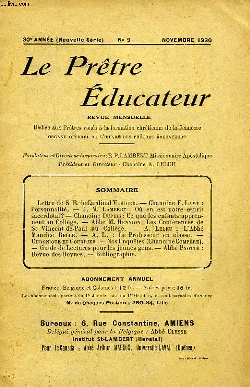 LE PRETRE EDUCATEUR, 30e ANNEE (NOUVELLE SERIE), N 9, NOV. 1930
