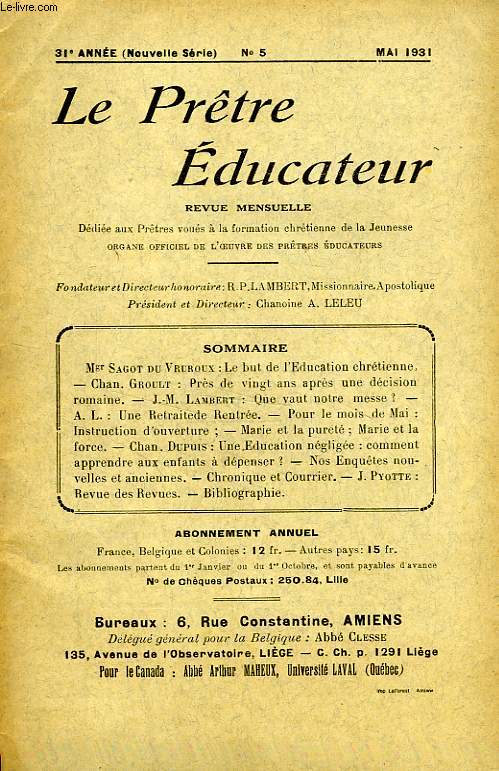 LE PRETRE EDUCATEUR, 31e ANNEE (NOUVELLE SERIE), N 5, MAI 1931