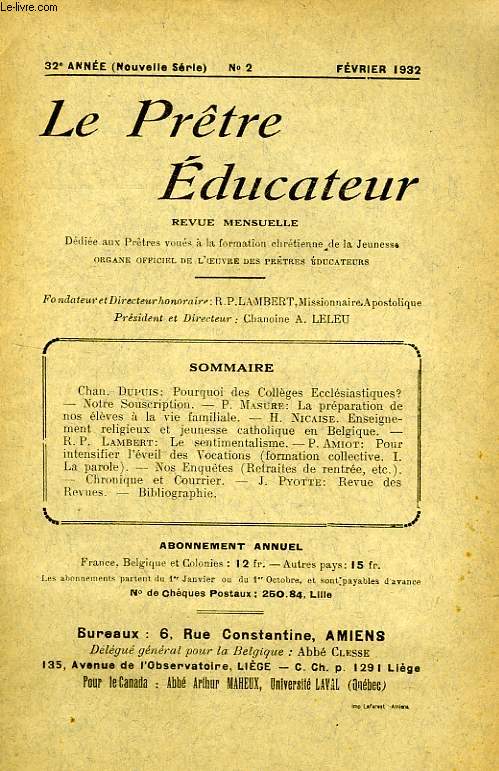 LE PRETRE EDUCATEUR, 32e ANNEE (NOUVELLE SERIE), N 2, FEV. 1932
