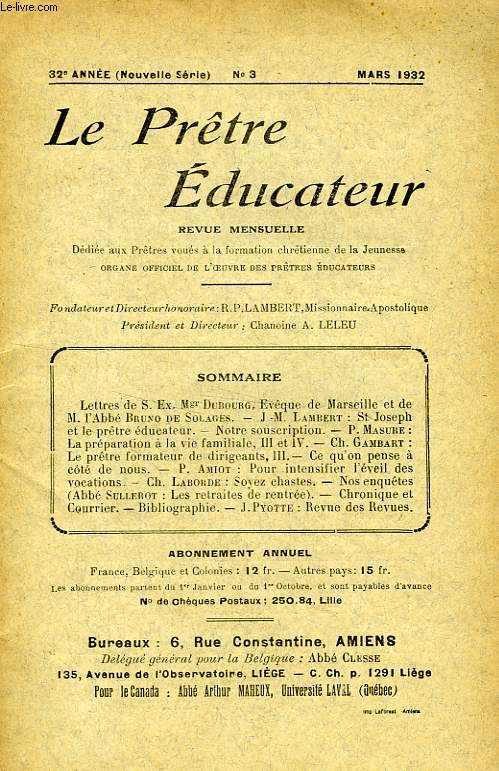 LE PRETRE EDUCATEUR, 32e ANNEE (NOUVELLE SERIE), N 3, MARS 1932