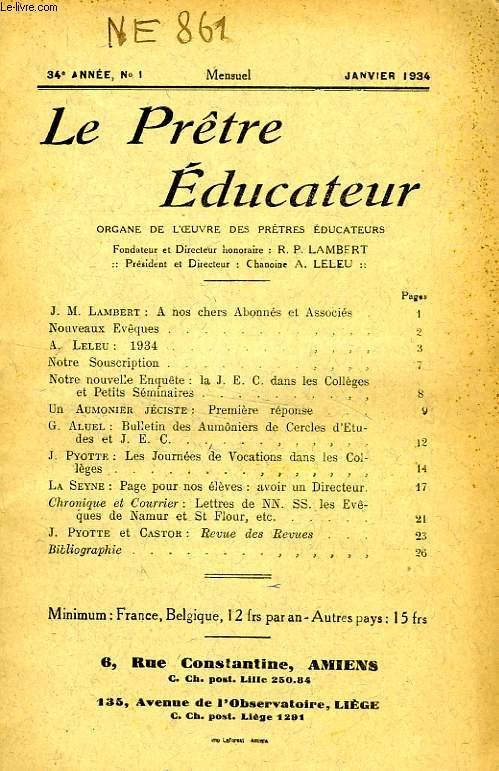LE PRETRE EDUCATEUR, 34e ANNEE (NOUVELLE SERIE), N 1, JAN. 1934