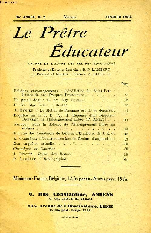 LE PRETRE EDUCATEUR, 34e ANNEE (NOUVELLE SERIE), N 2, FEV. 1934