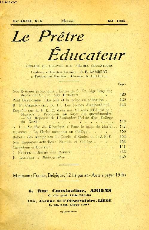 LE PRETRE EDUCATEUR, 34e ANNEE (NOUVELLE SERIE), N 5, MAI 1934