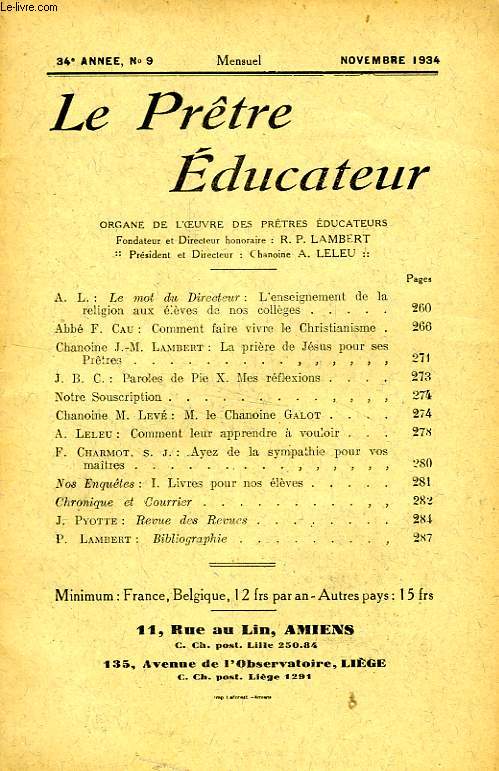 LE PRETRE EDUCATEUR, 34e ANNEE (NOUVELLE SERIE), N 9, NOV. 1934