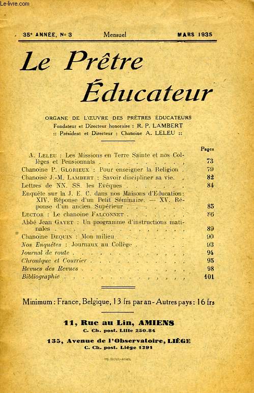 LE PRETRE EDUCATEUR, 35e ANNEE (NOUVELLE SERIE), N 3, MARS 1935
