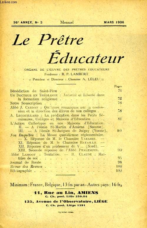 LE PRETRE EDUCATEUR, 36e ANNEE (NOUVELLE SERIE), N 3, MARS 1936