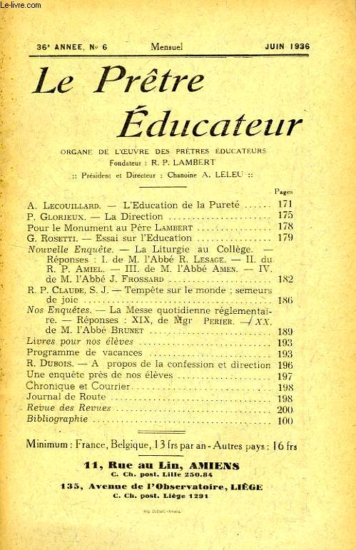 LE PRETRE EDUCATEUR, 36e ANNEE (NOUVELLE SERIE), N 6, JUIN 1936