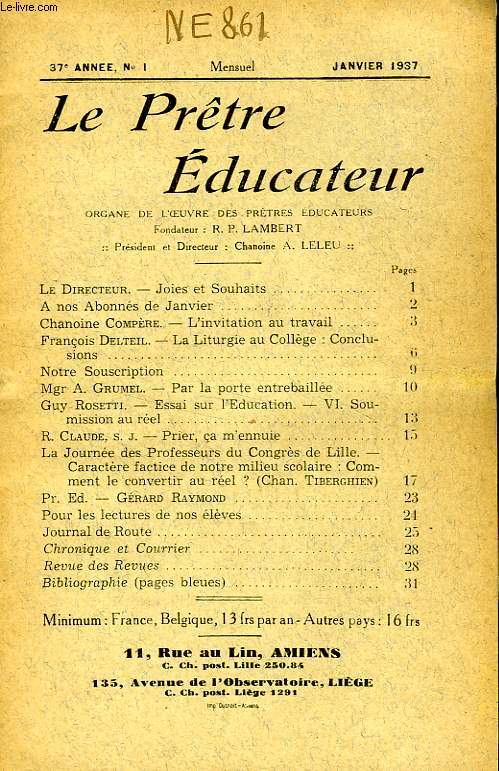 LE PRETRE EDUCATEUR, 37e ANNEE (NOUVELLE SERIE), N 1, JAN. 1937