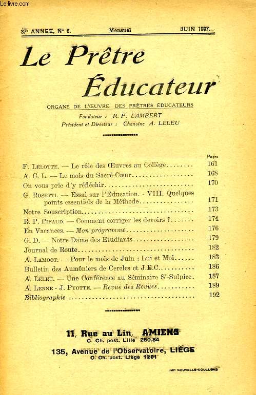 LE PRETRE EDUCATEUR, 37e ANNEE (NOUVELLE SERIE), N 6, JUIN 1937