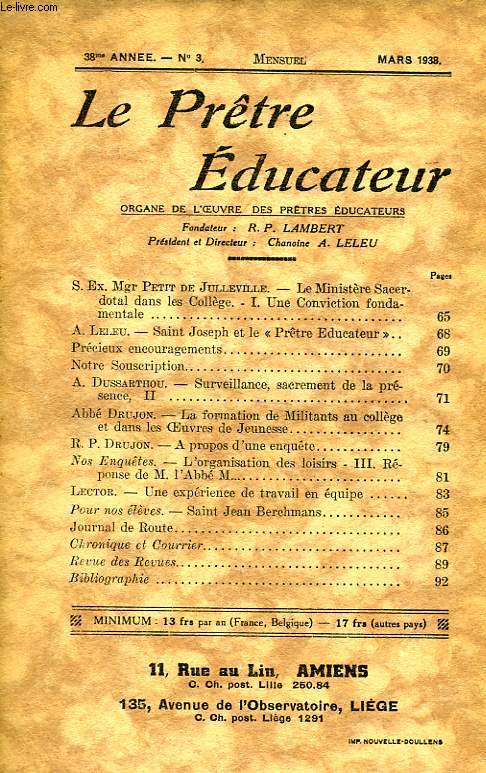 LE PRETRE EDUCATEUR, 38e ANNEE (NOUVELLE SERIE), N 3, MARS 1938